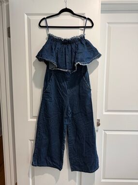 NWOT JOA Denim Strapless Ruffle Jumpsuit in Dark Blue